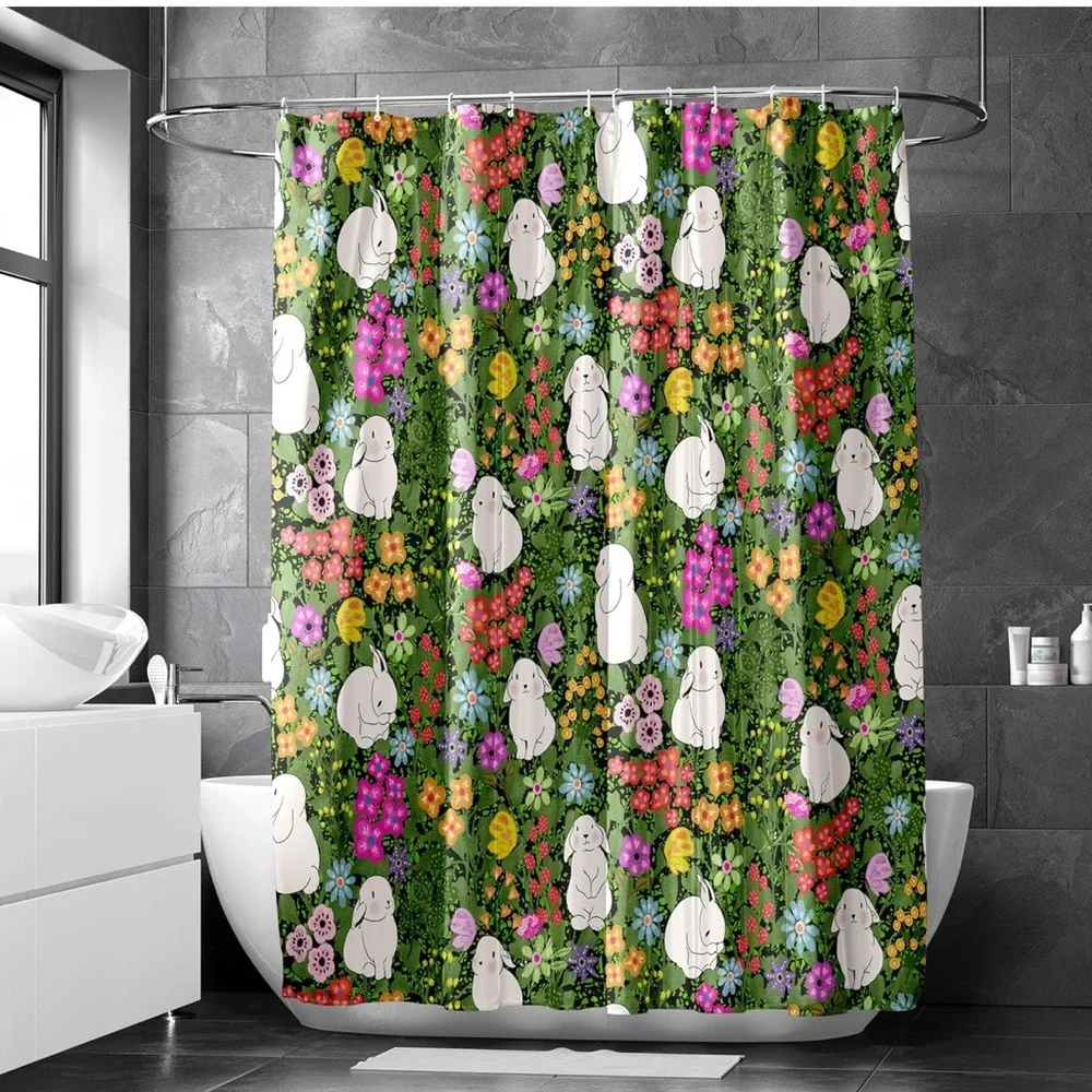 Shower Curtain Bunnies Kids Easter Bunny Spring Floral Washable Waterproof FCT